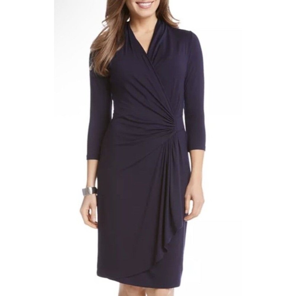 Karen Kane Navy Cascade Wrap Dress Sz Large 3/4 Sleeve Minimalist Career USA